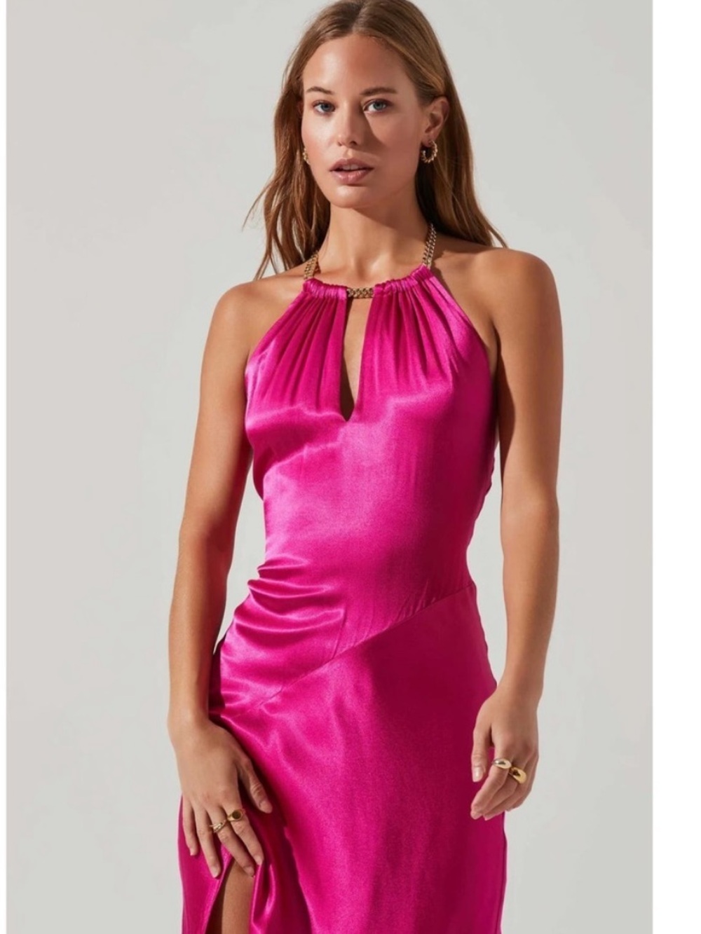 Astr Kazia Halter Maxi Dress in Fuchsia Satin - Picture 2 of 7